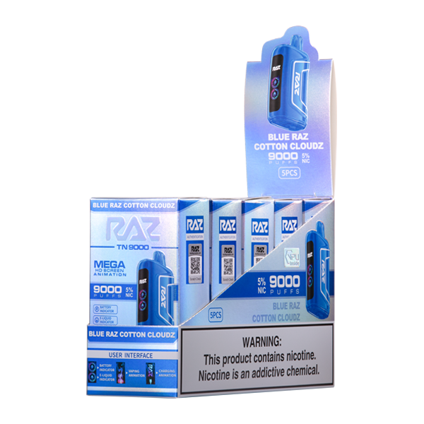 Raz Tn9000 Blue Razz Cotton Candy Vape 5 Pack