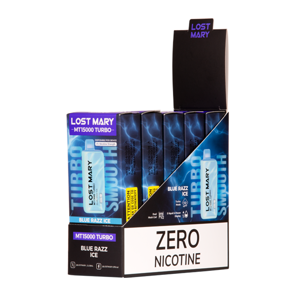 5 Pack of Nicotine-Free Blue Razz Ice Lost Mary MT15000 Vape