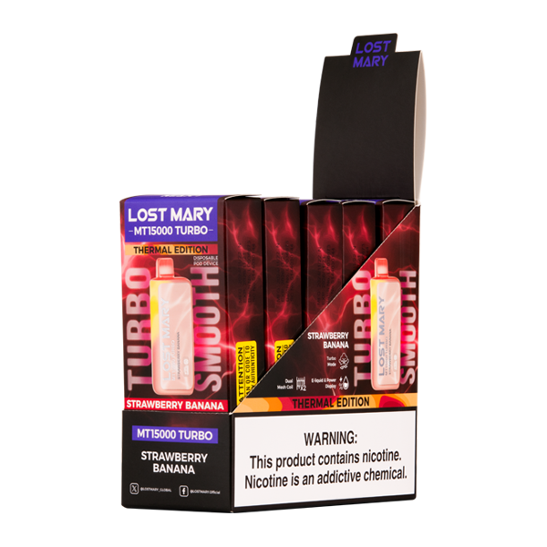 5 Pack of Strawberry Banana LOST MARY MT15000 TURBO Vape